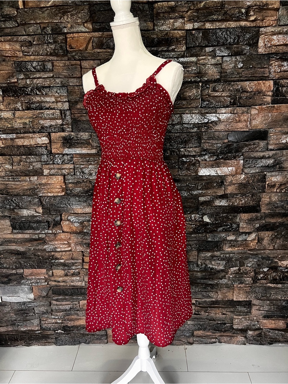 Red Polka Dot Midi Sundress with Button Front - Picture 5 of 16
